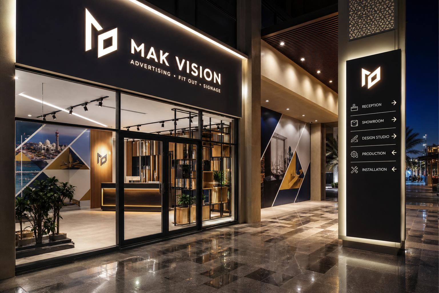 Polished branded retail and commercial signage installation in Oman with clean exterior facade, illuminated lettering, and coordinated interior branding finishes