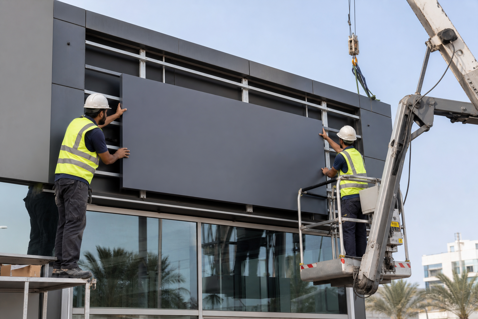 Technicians installing exterior signage on a commercial building facade