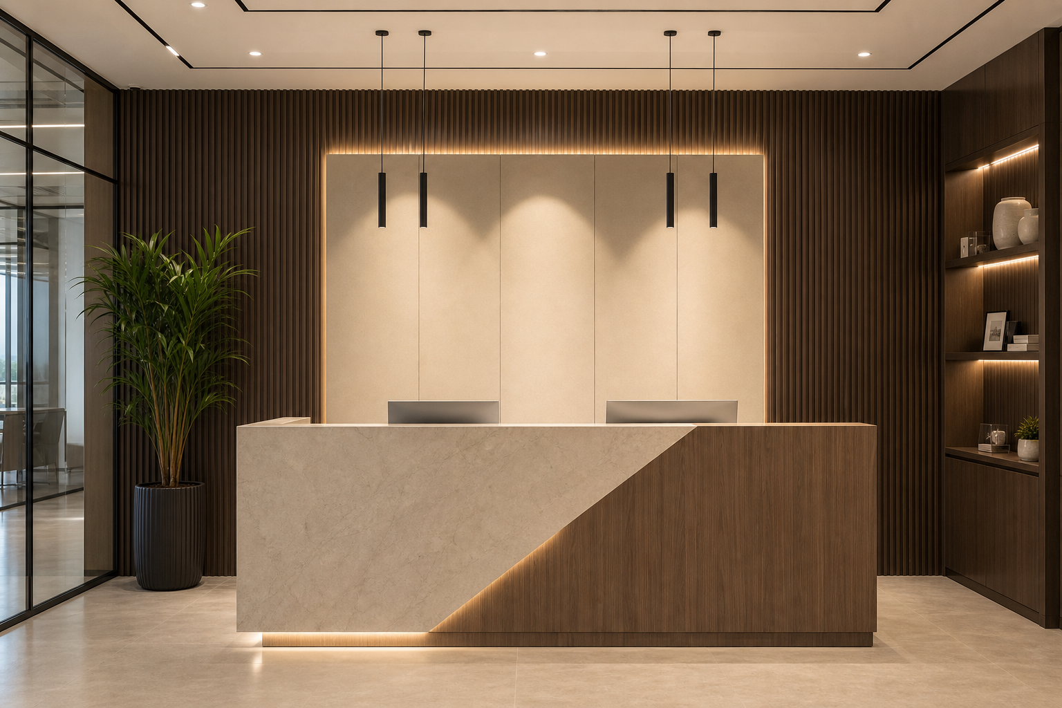 Interior fit-out reception area with custom finishes and branded details