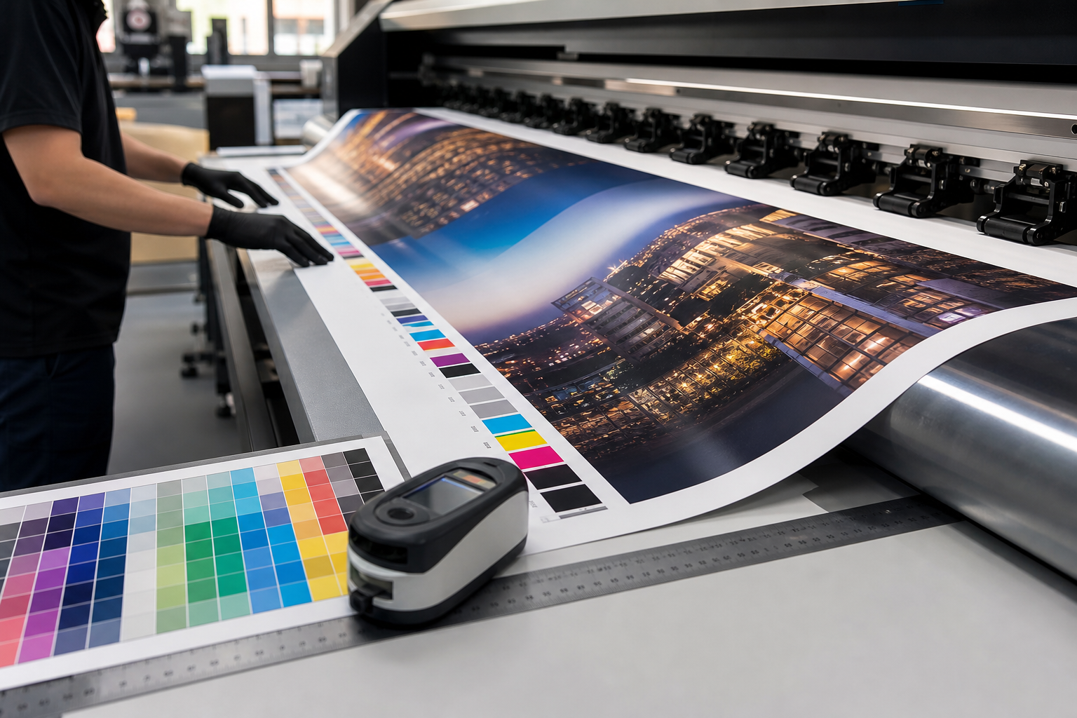 Large-format print production with calibrated color and finishing detail