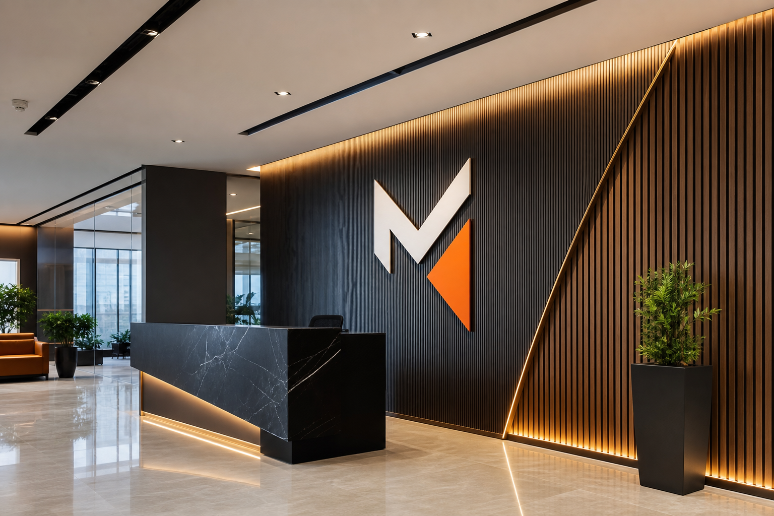 Corporate lobby with branded feature wall, integrated lighting, and clean interior finishes