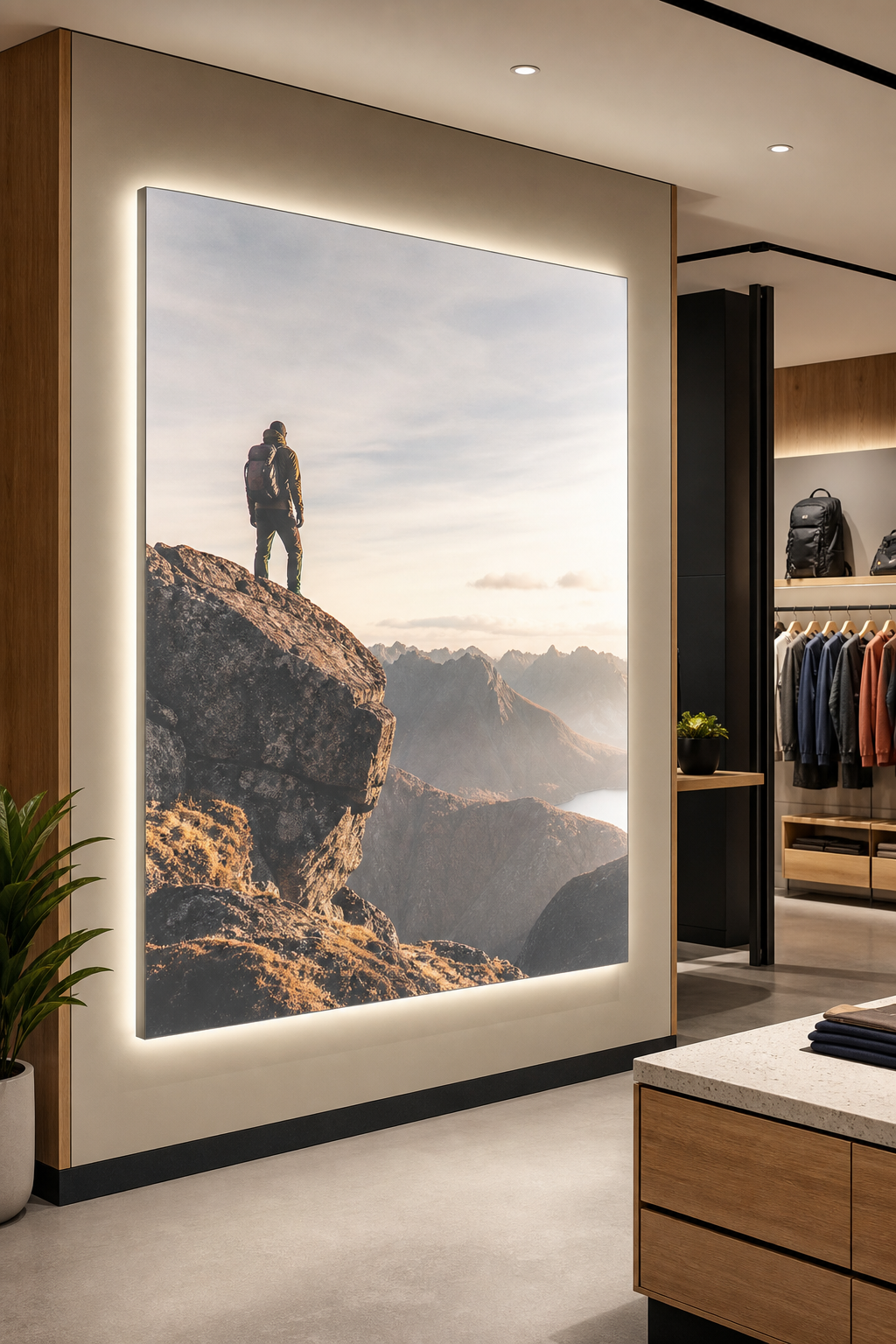 Backlit retail lightbox display installed on a polished storefront interior