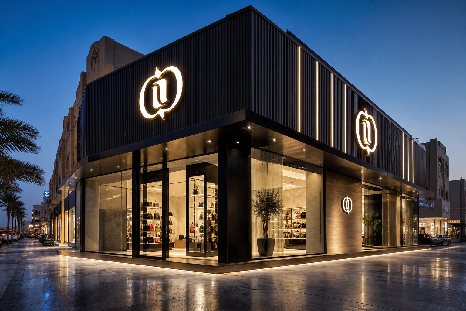 Large retail storefront signage with clean illuminated lettering at dusk