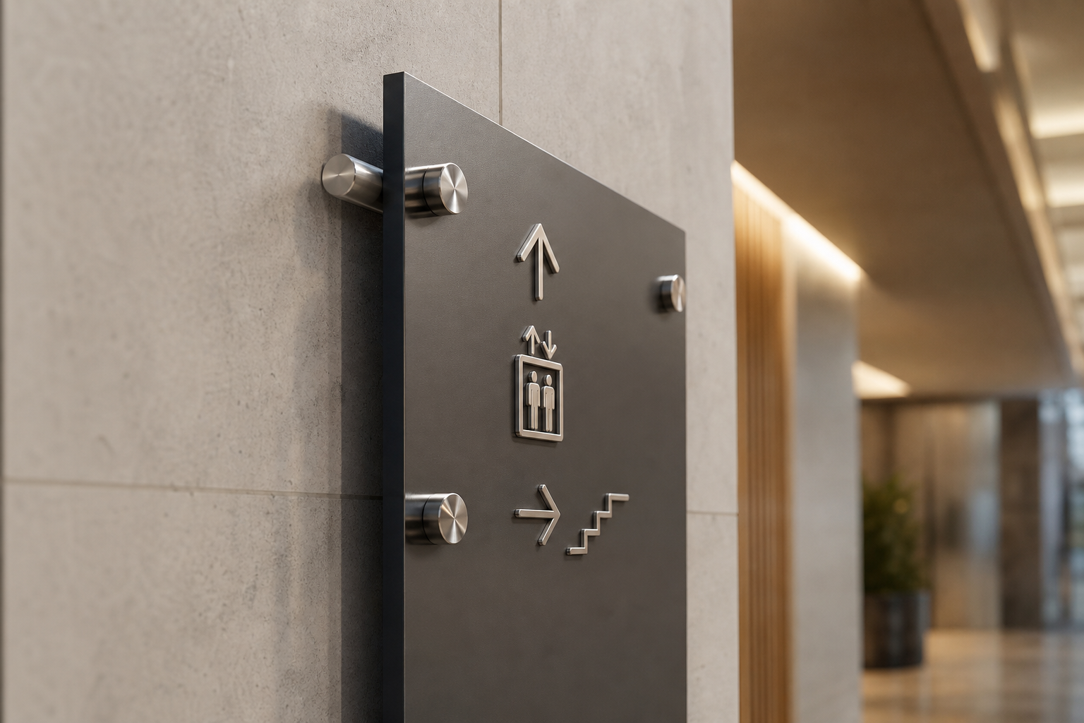 Wayfinding and installation detail showing precision mounting and materials