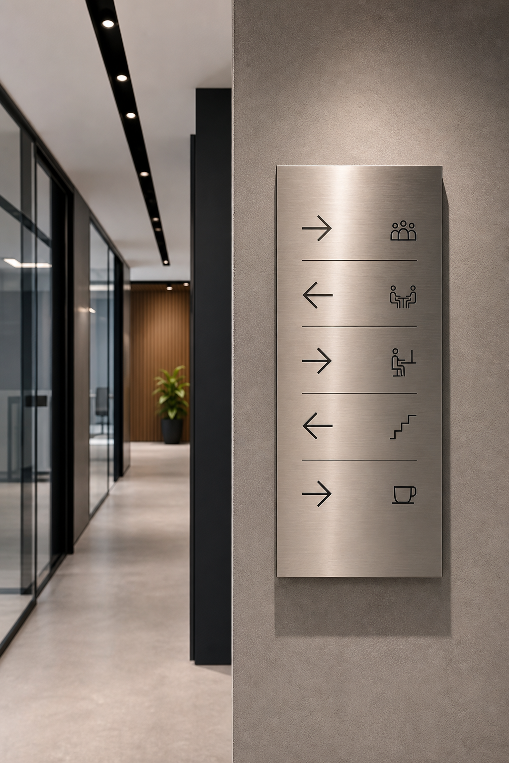 Interior directional signage panel with brushed metal finish in an office corridor
