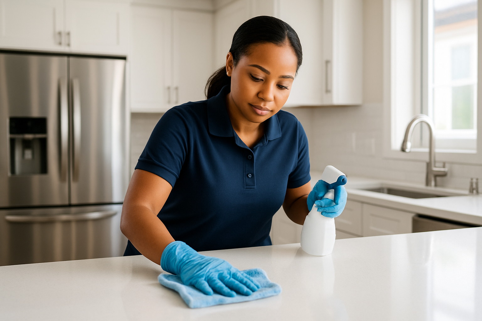 Professional cleaner in a navy uniform wiping a modern kitchen counter in a bright New Jersey home