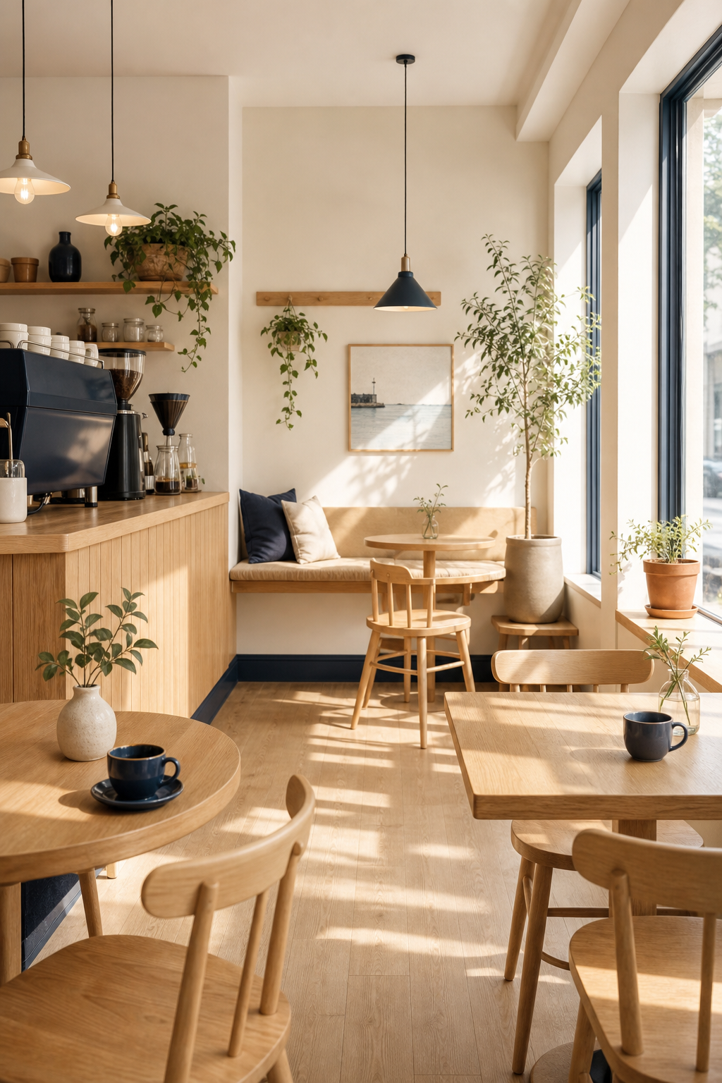Warm, sunlit interior of North Dock Coffee with wooden tables and off-white walls