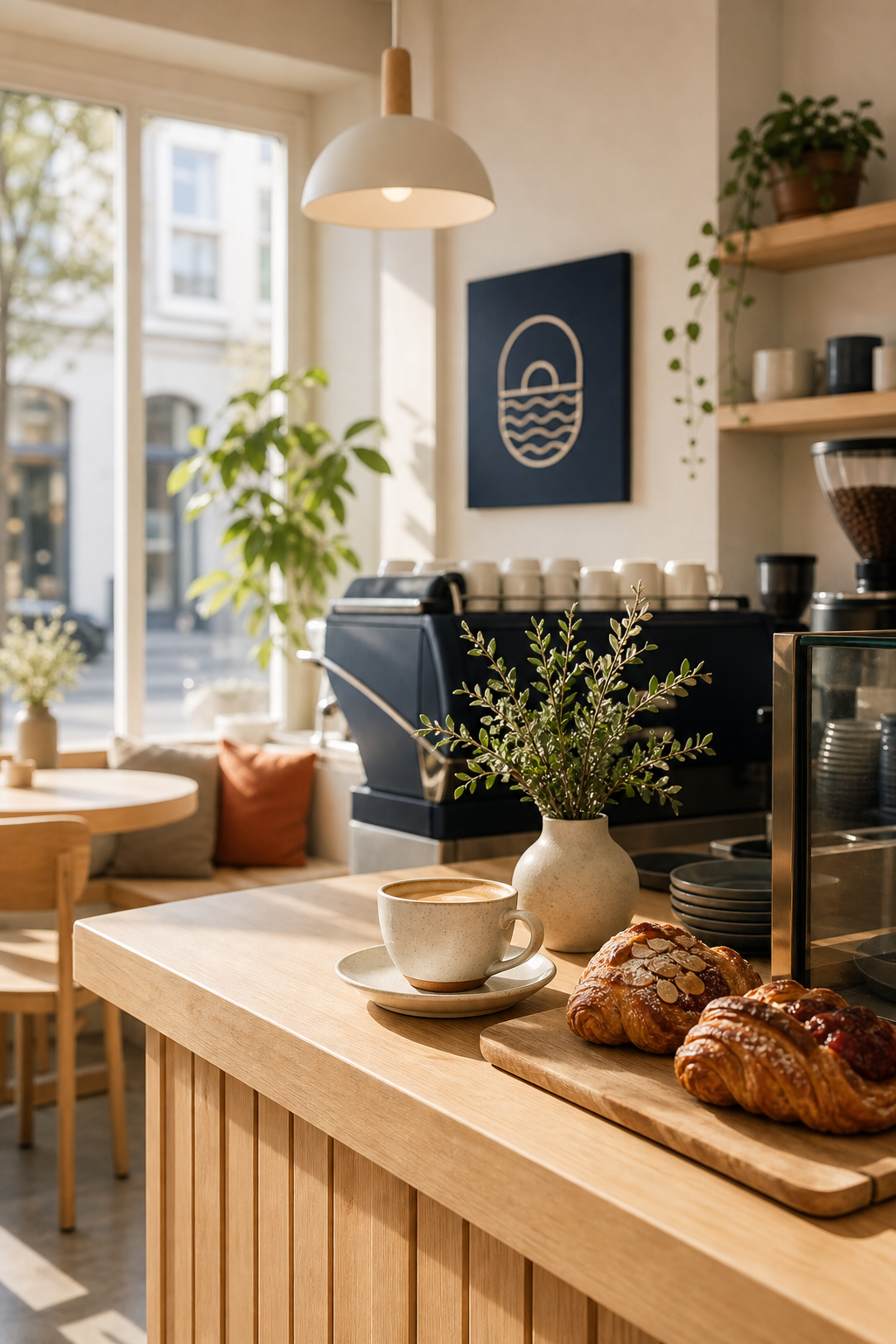 Cozy cafe interior with warm light wood counter, morning light, and fresh pastries at North Dock Coffee