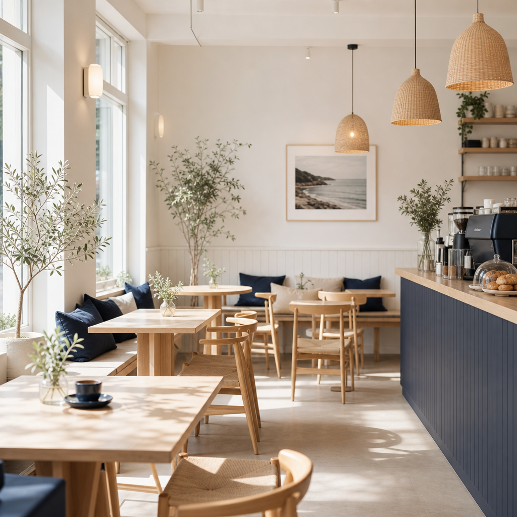 Bright cafe interior with light wood tables and hanging pendant lamps bathed in morning light