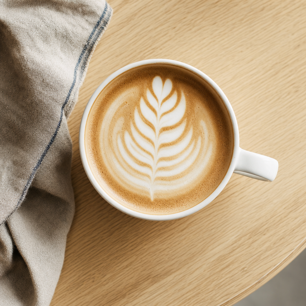 Close-up of a ceramic mug of latte with foam art resting on a light wooden table