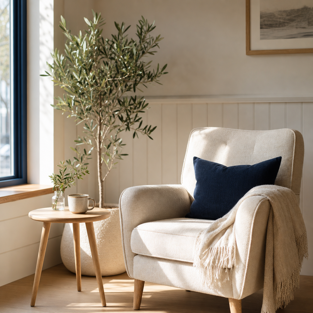 Bright corner nook with a linen armchair, potted plant, and soft daylight