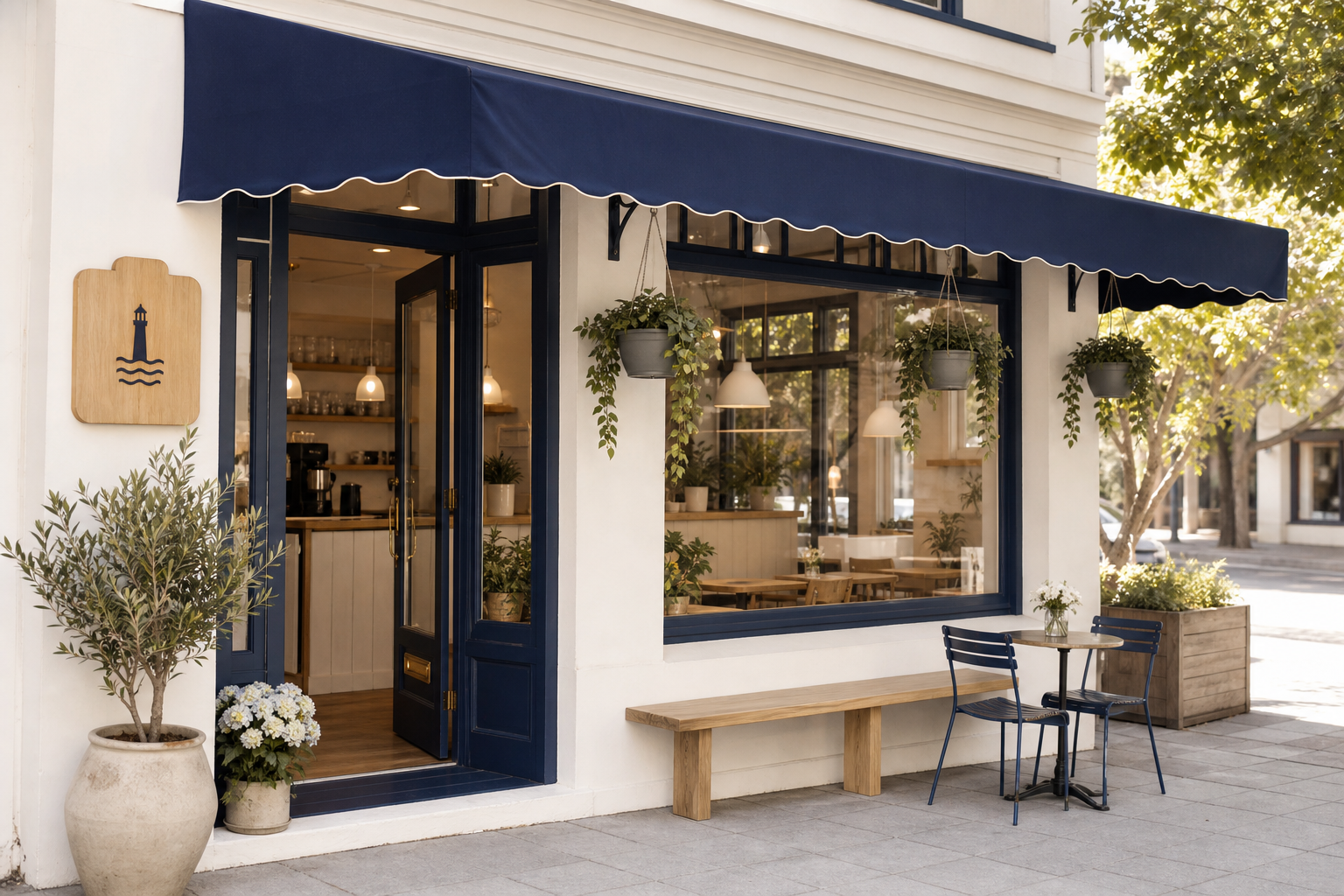 Exterior storefront of North Dock Coffee with a deep navy awning and hanging plants