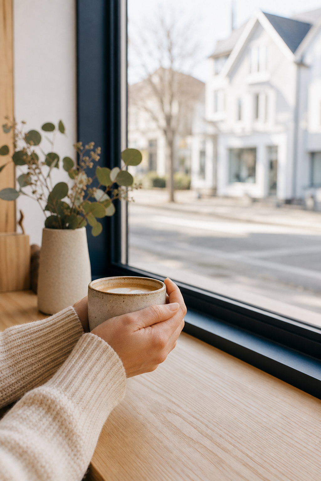 Hands wrapped around a warm coffee cup beside a window overlooking the neighborhood street