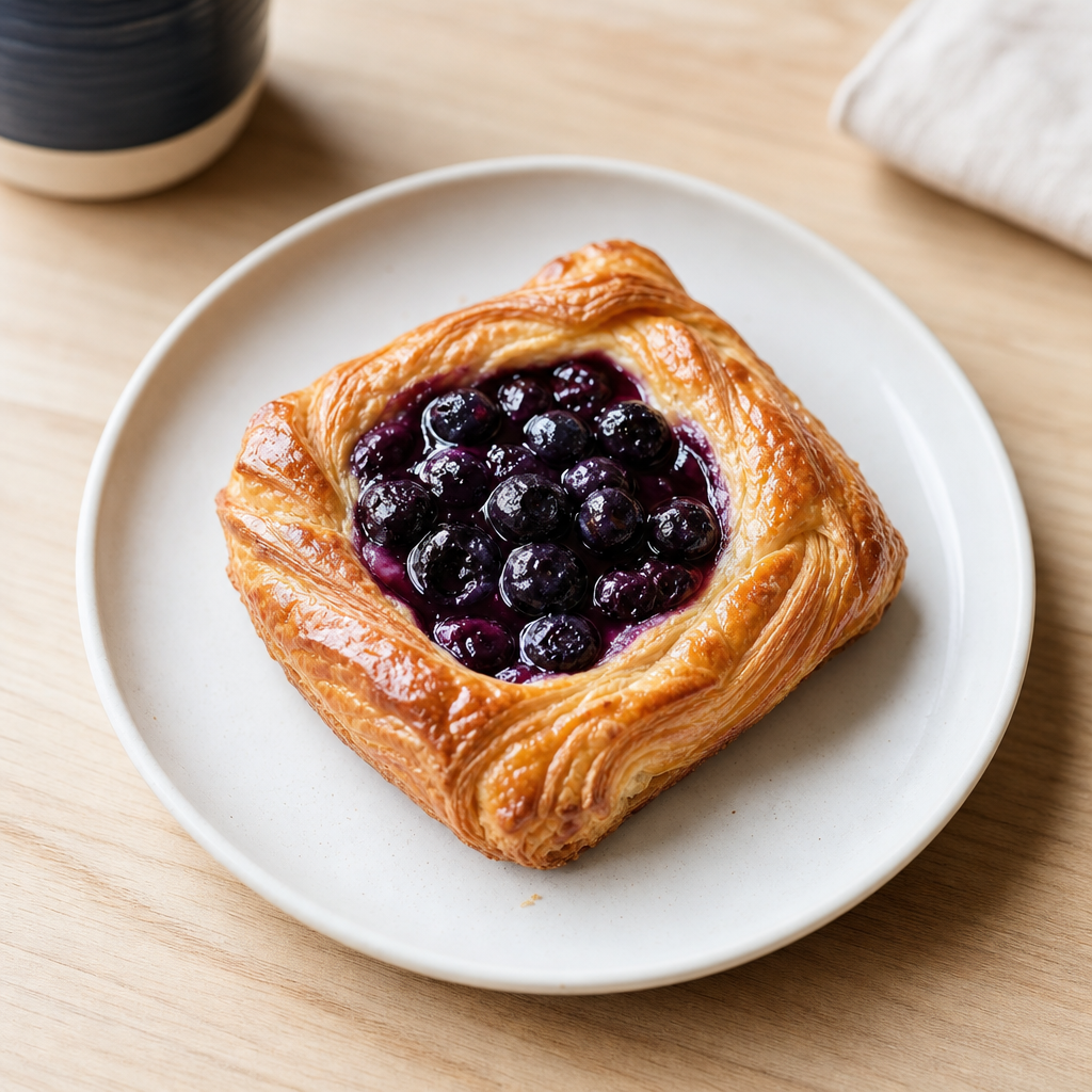 Flaky butter danish topped with wild blueberry compote on a white ceramic plate over a light wood table