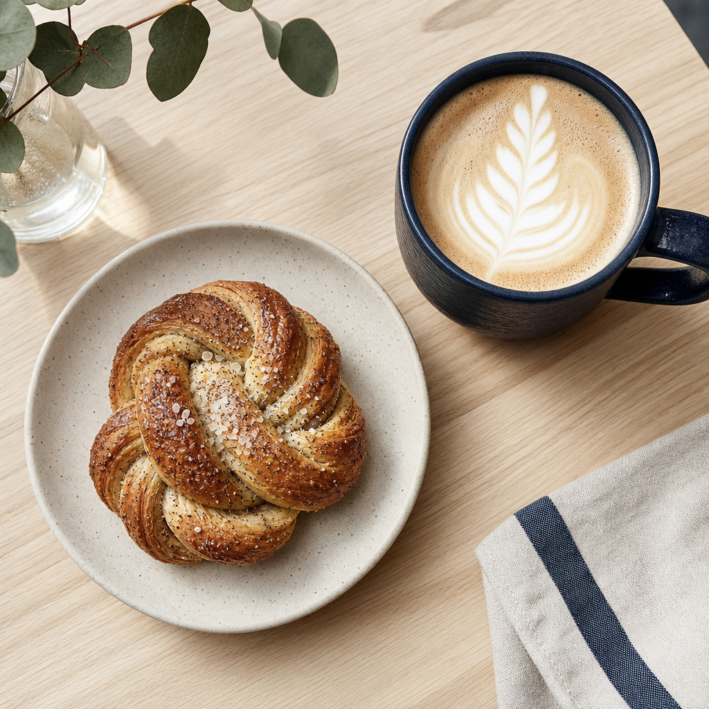 Overhead shot of a golden cardamom bun beside a navy ceramic mug of oat milk latte on a light wood table