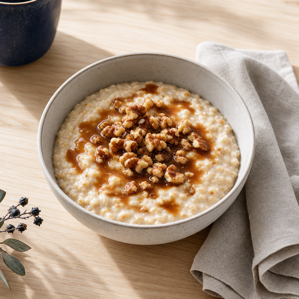 Creamy oat porridge bowl with miso caramel drizzle and toasted walnuts, set on a linen napkin
