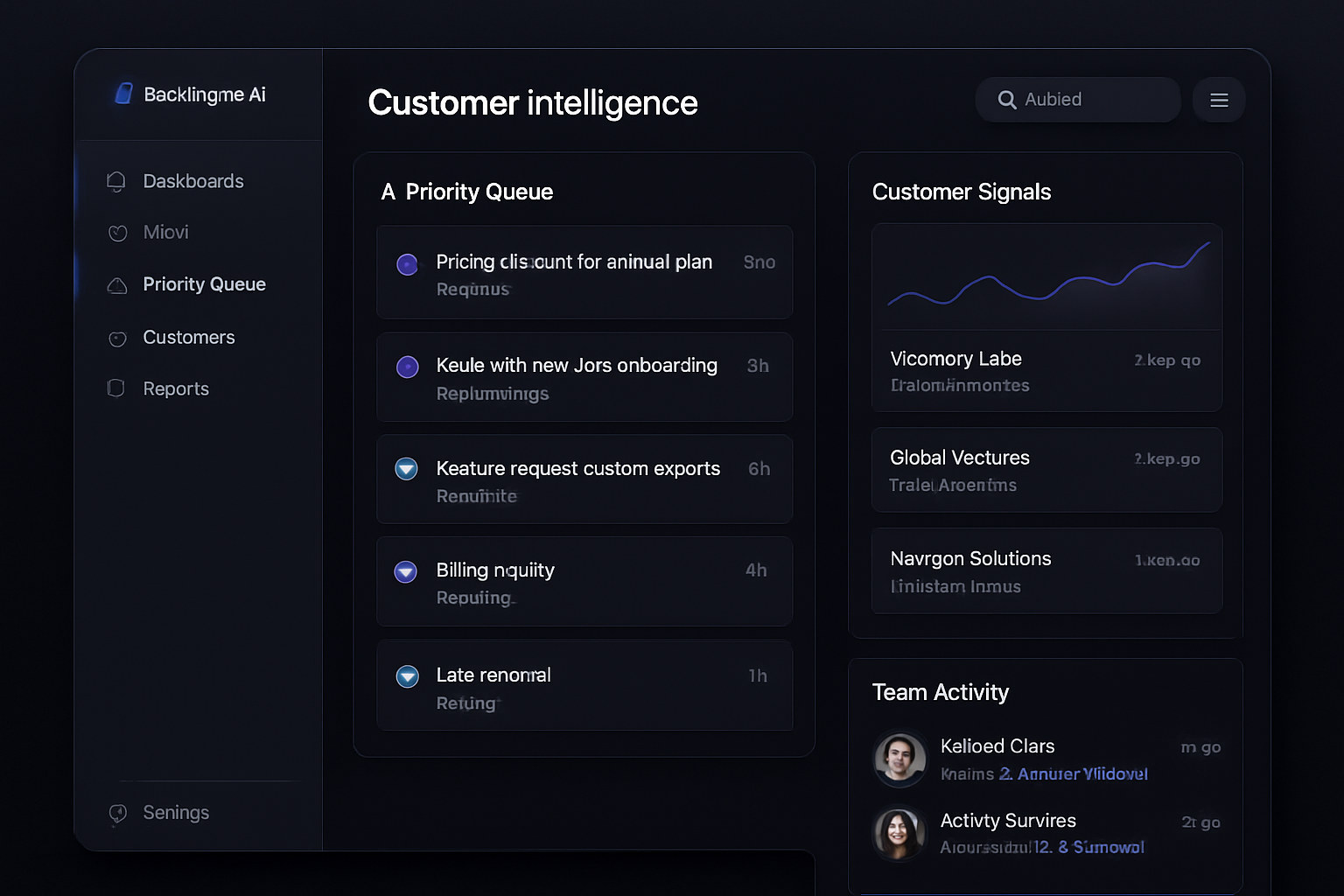 Dark customer intelligence dashboard showing unified signals, AI priority queue, and team activity