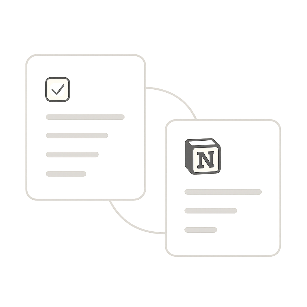 Minimal product-style illustration showing a student study flow card connected to a Notion page card with a calm sync path