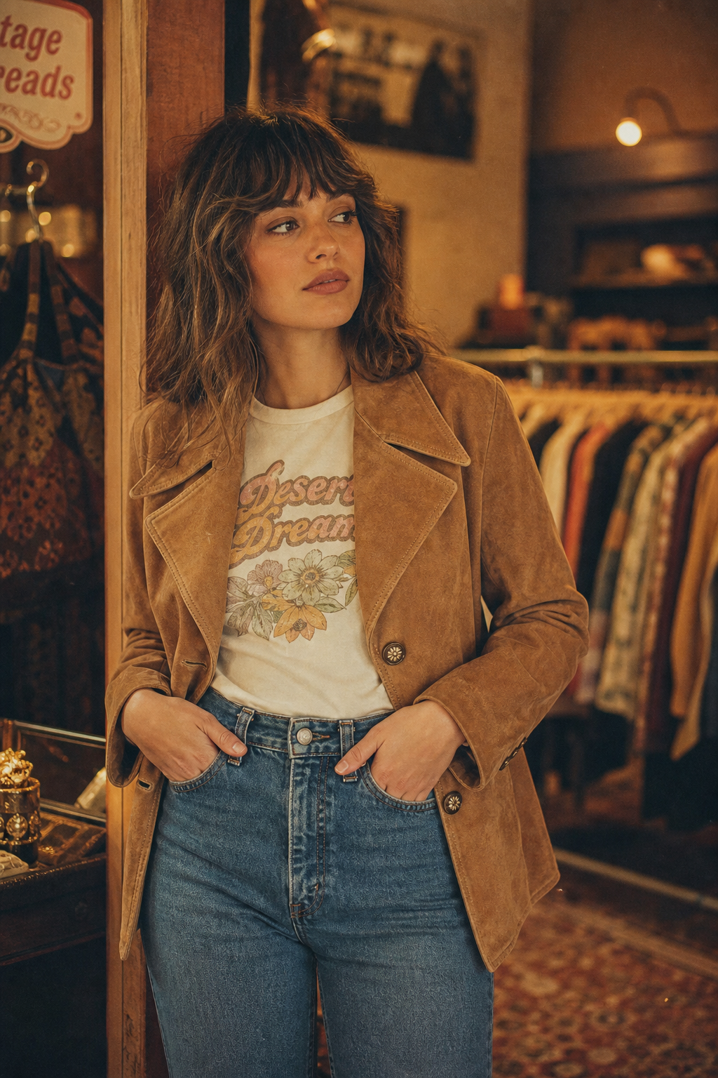 Warm film-style portrait of a woman in a camel suede jacket with wide lapels and high-waisted denim, set against a softly lit vintage boutique.