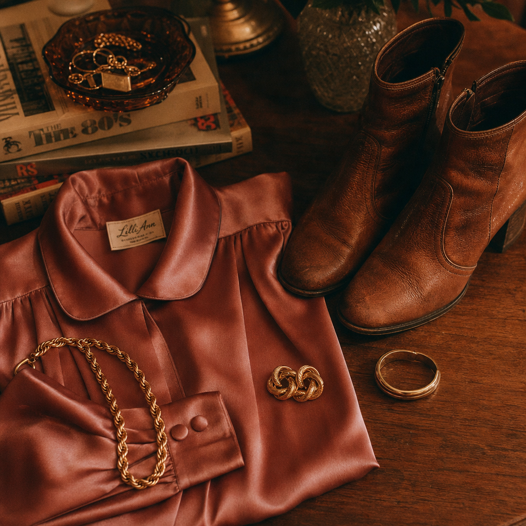 Moody still life of a dusty rose satin blouse, vintage jewelry, and leather boots on a warm wooden table with soft amber light.
