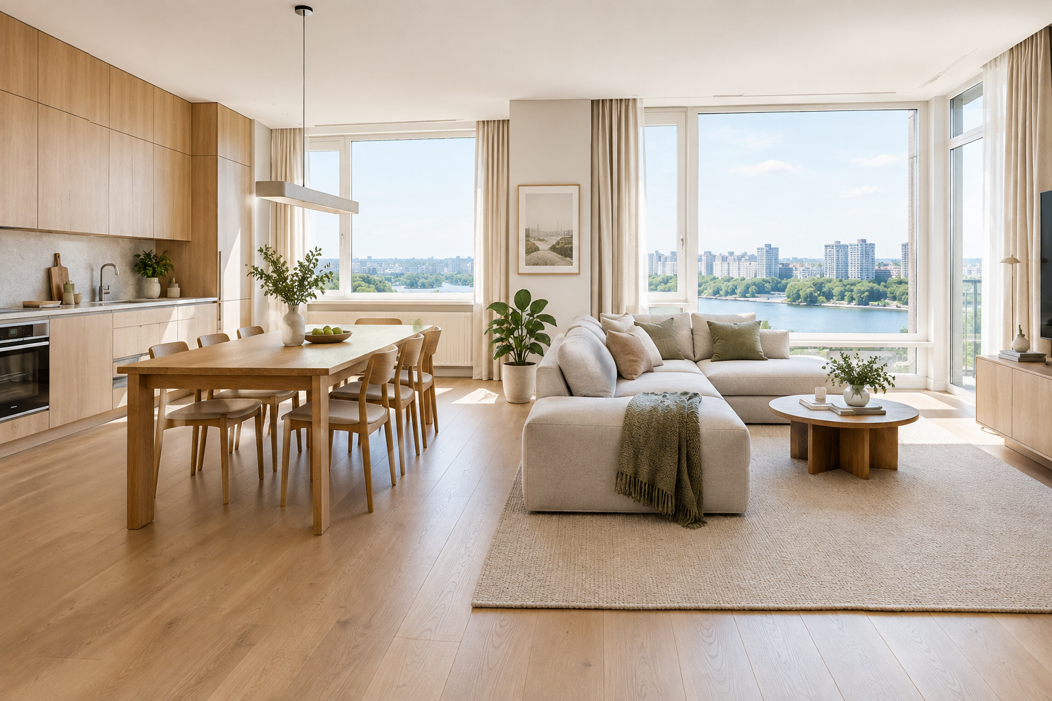 Modern family apartment in Obolon with a light wood kitchen, soft textiles, and a generous dining table
