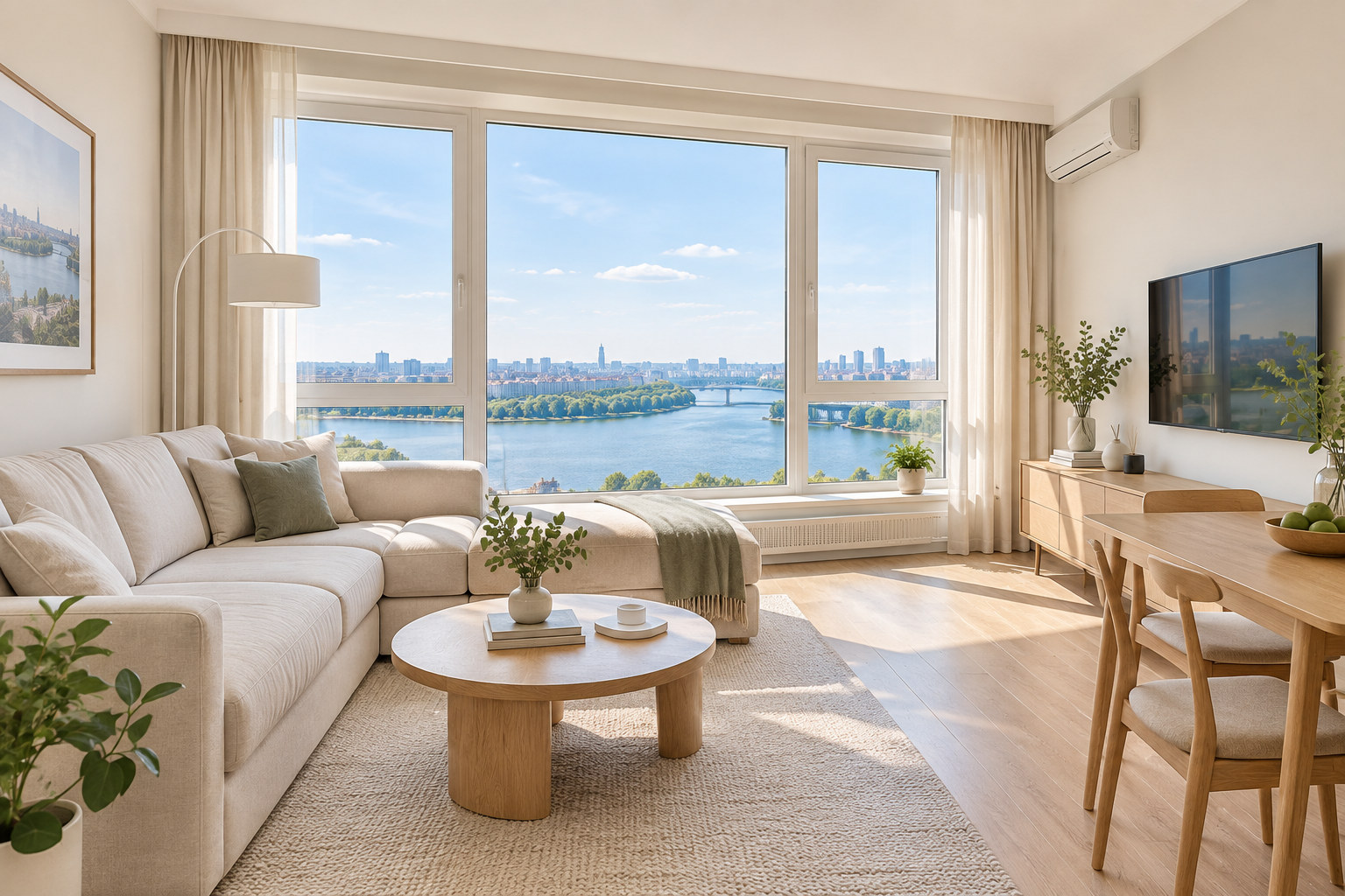 Bright lakeside apartment in Obolon with a calm blue river view through wide windows