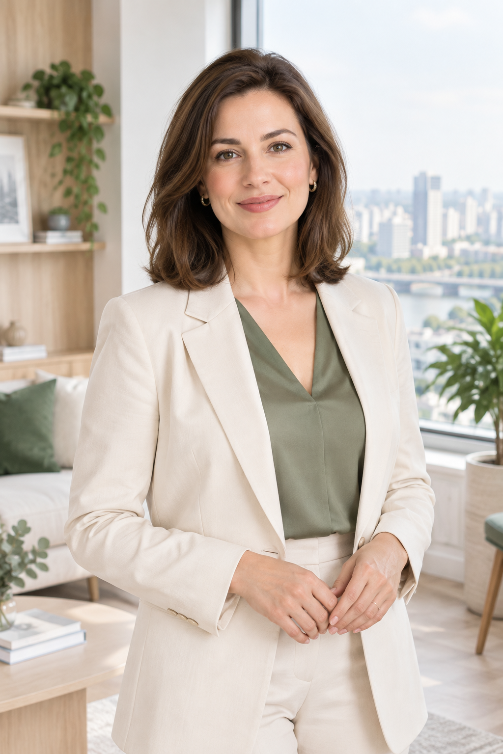 Olha Melnyk, a polished Kyiv apartment real estate specialist, in a bright modern interior