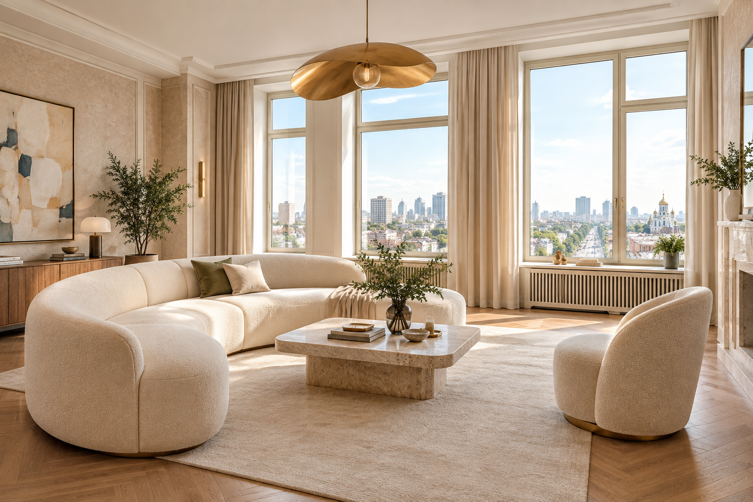 Elegant spacious Pechersk living room with cream upholstery, sculptural lighting, and boulevard windows