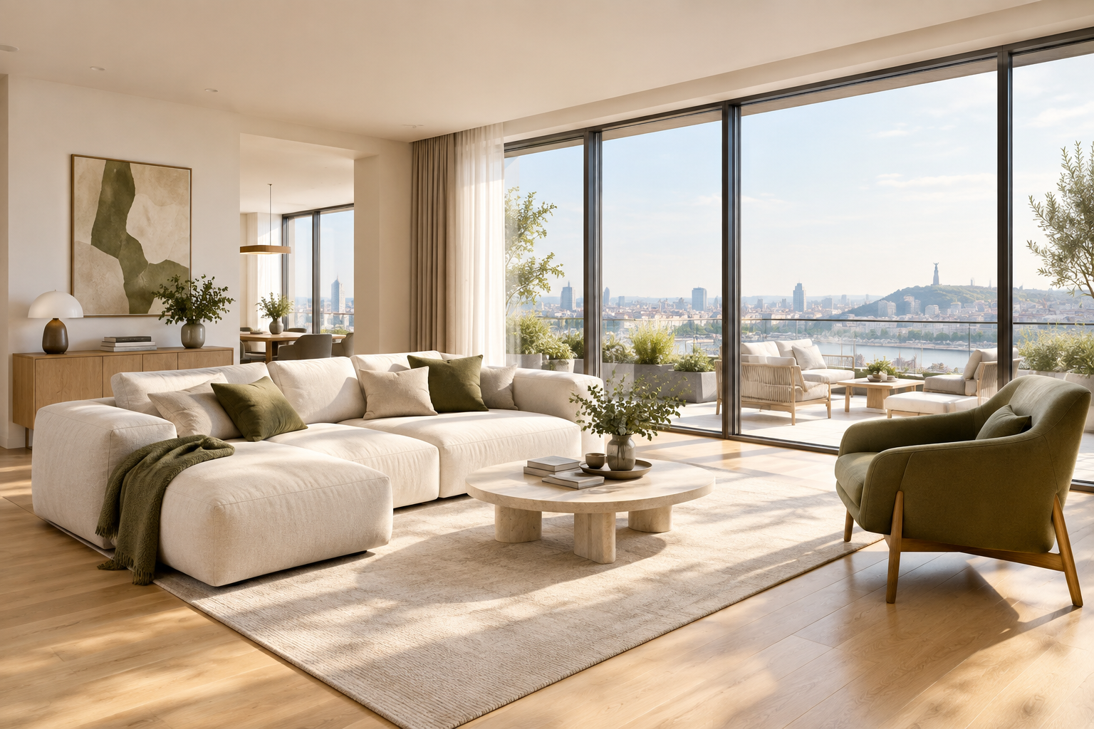 Sunlit contemporary living room in a Pechersk apartment with oak flooring and a terrace view