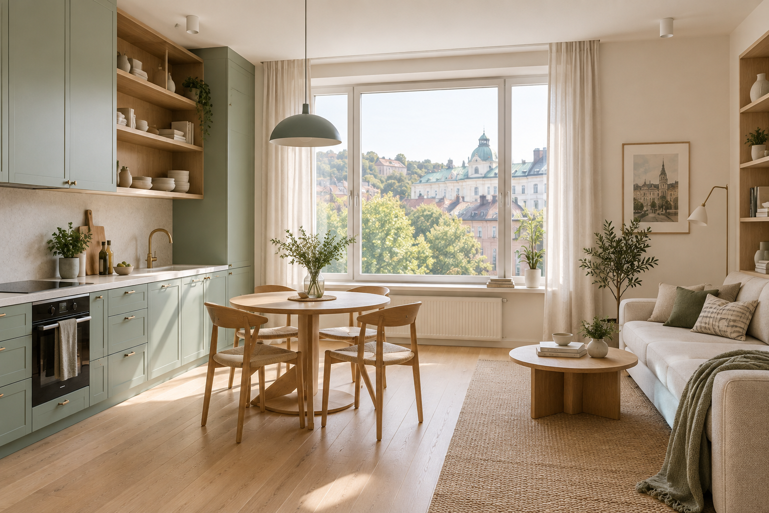Calm Podil apartment with a sage green kitchen, oak details, and leafy historic courtyard outlook