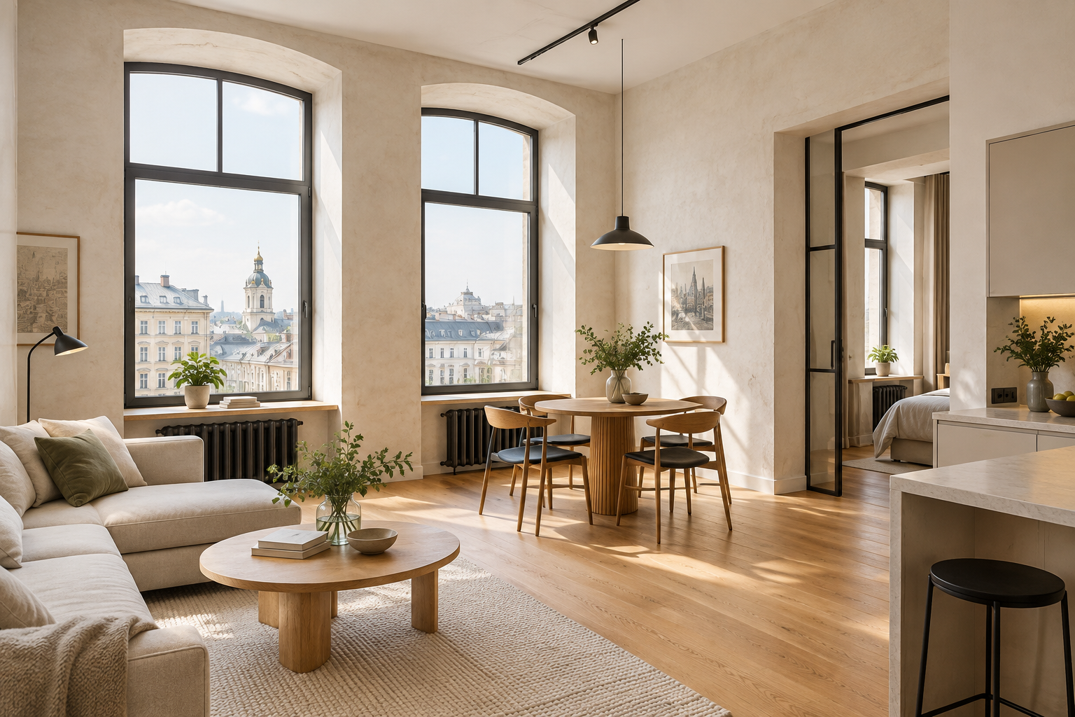 Warm renovated Podil loft apartment with tall windows, pale plaster walls, and modern dining area
