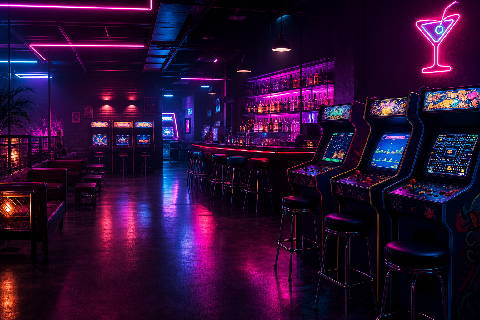 Stylized retro arcade bar interior glowing with magenta and cyan neon, with arcade cabinets, bar lighting, and a lively but not crowded nightlife mood