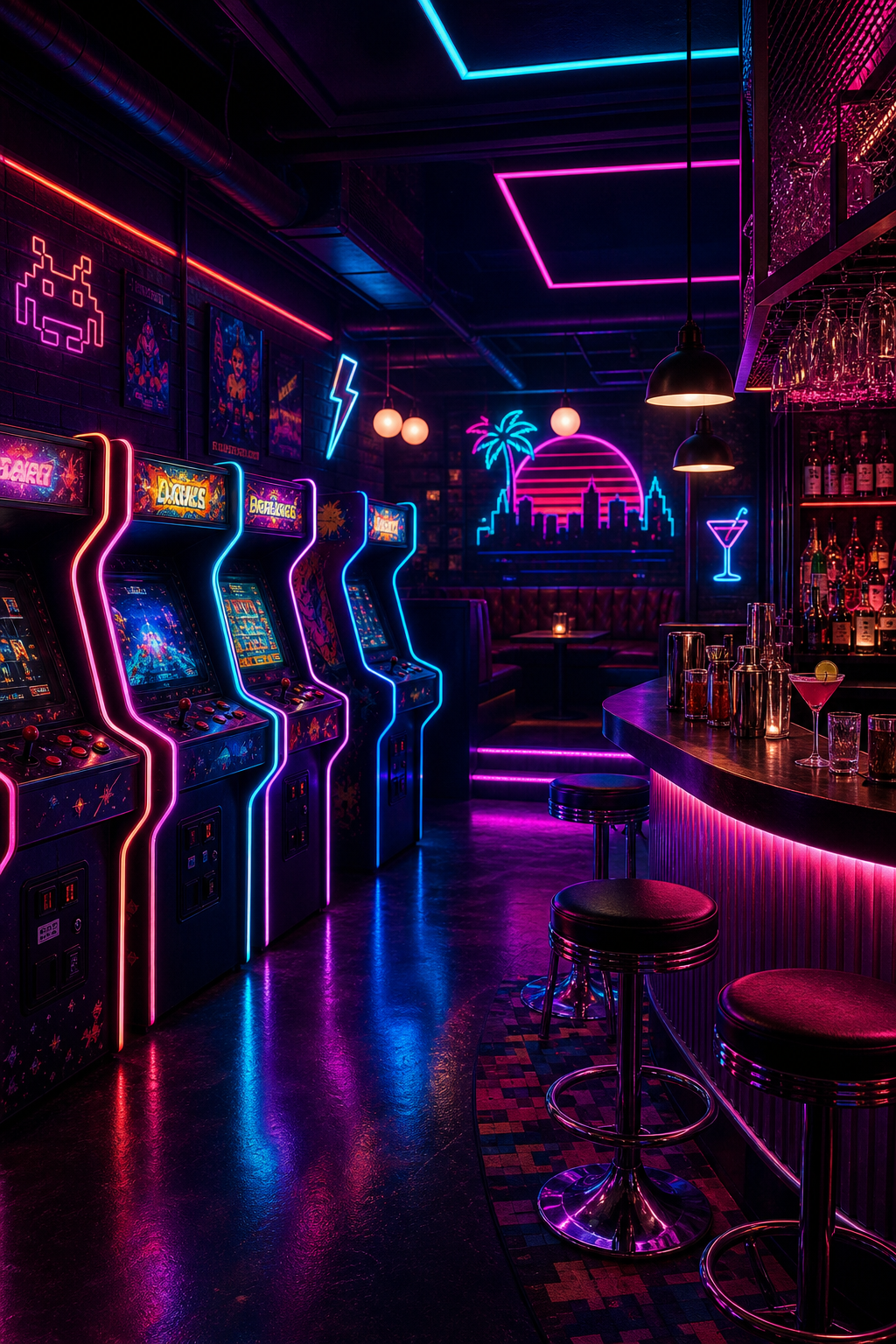 Stylized neon arcade-bar interior with glowing cabinets, cocktail bar lights, and a lively social corner