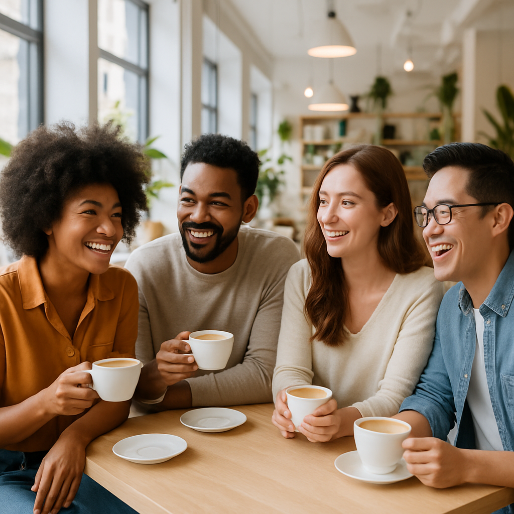 Friends enjoying coffee and conversation at a bright, modern café, representing community and inspiration