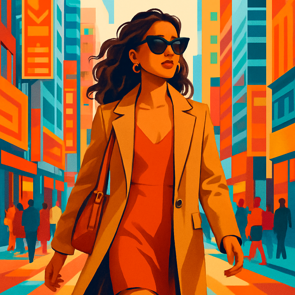 Stylish young woman walking through a vibrant city street, symbolizing fashion and travel inspiration
