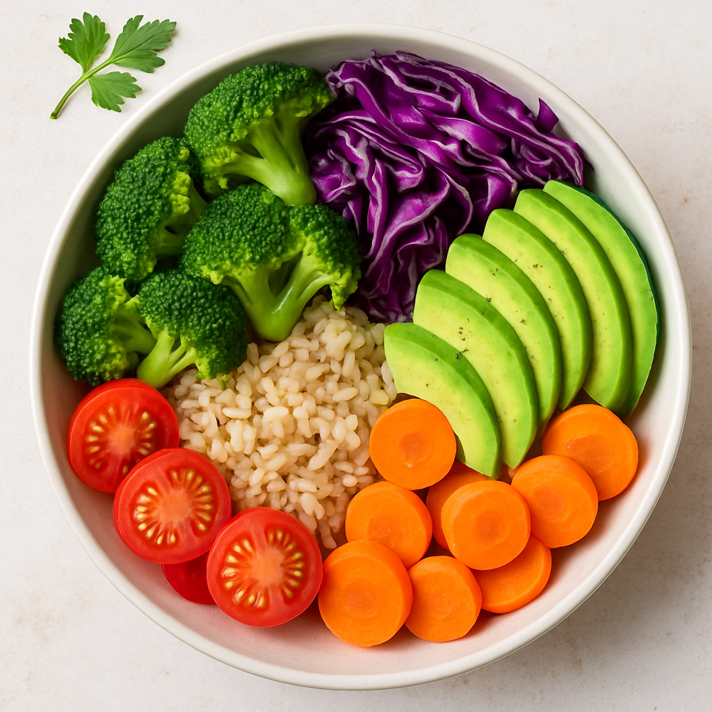 Healthy meal with colorful vegetables and grains, representing wellness and food content