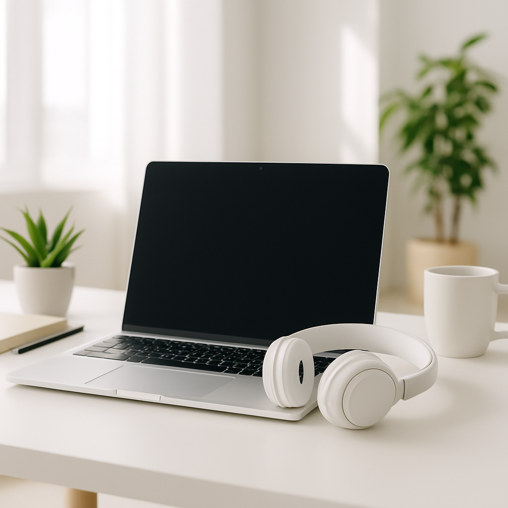 Modern workspace with laptop and headphones, evoking tech and work-life balance topics