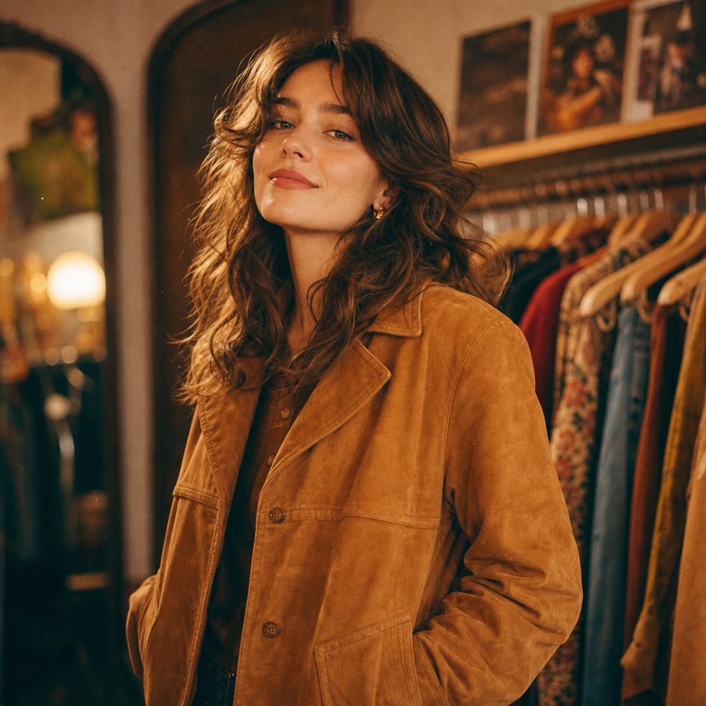 Portrait of a woman in a caramel suede jacket with softly curled hair, warm film-lighting
