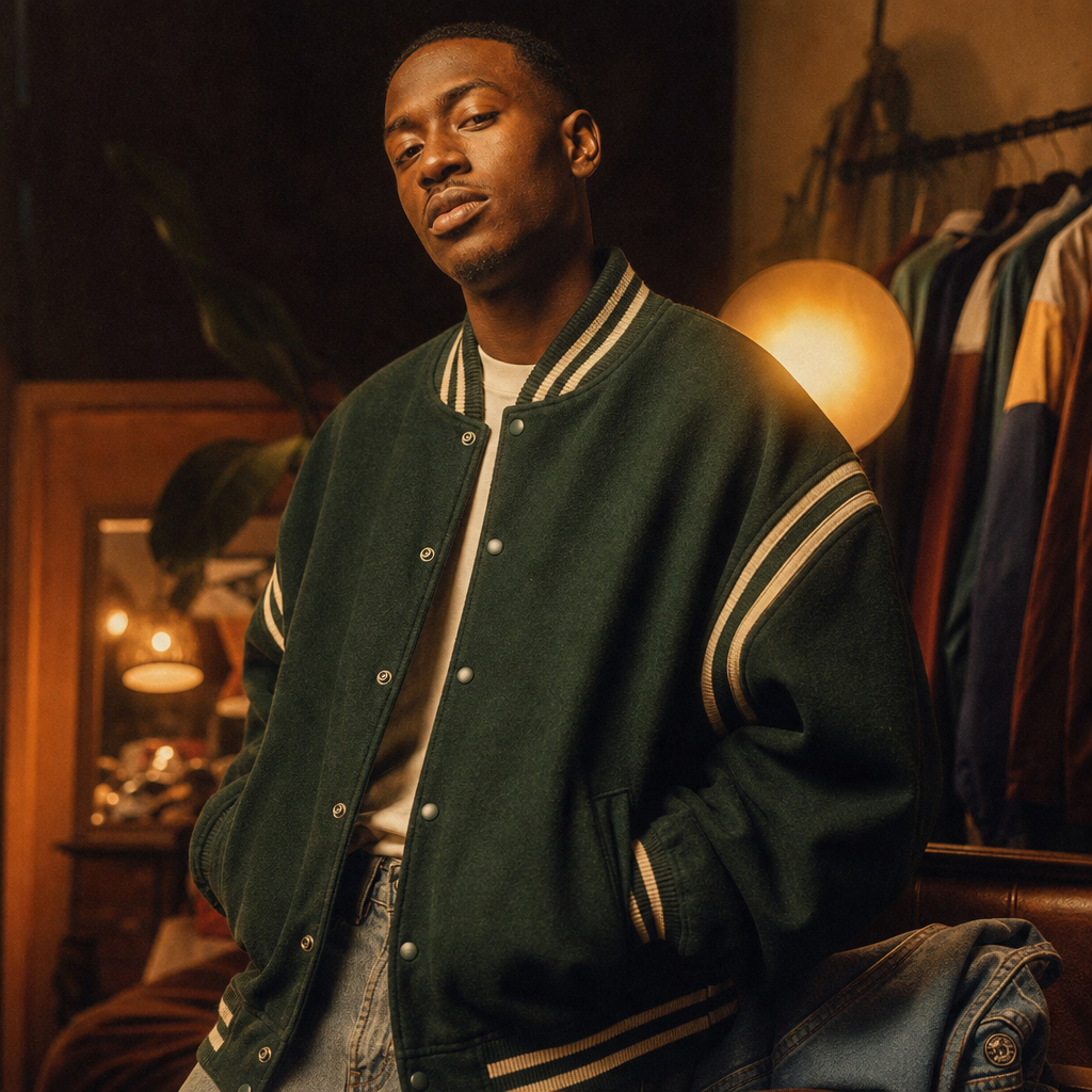 Portrait of a man in an oversized vintage bomber with close-cropped hair and a soft amber glow