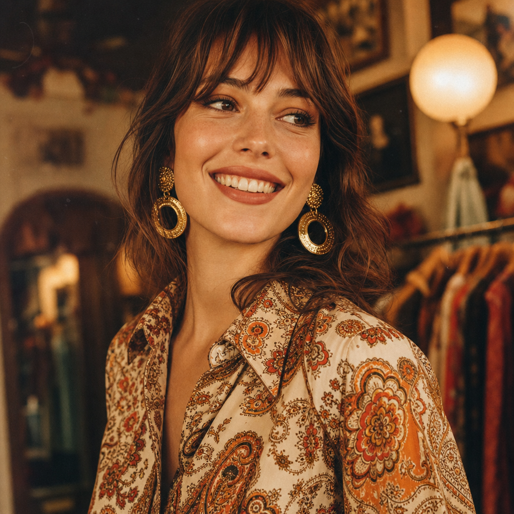 Portrait of a woman in a patterned blouse with bold earrings, warm nostalgic lighting