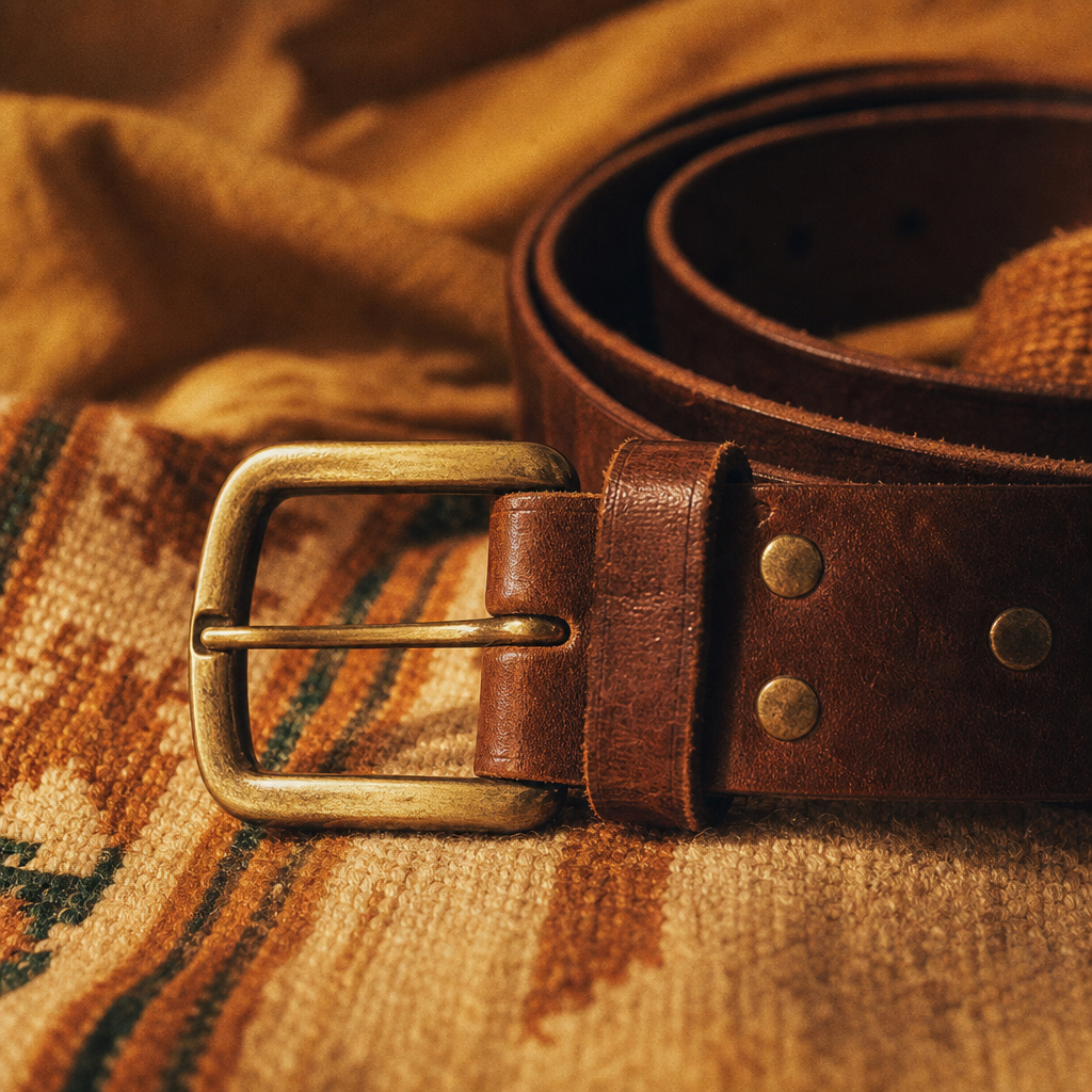 Close-up of a vintage leather belt with brass buckle on textured fabric