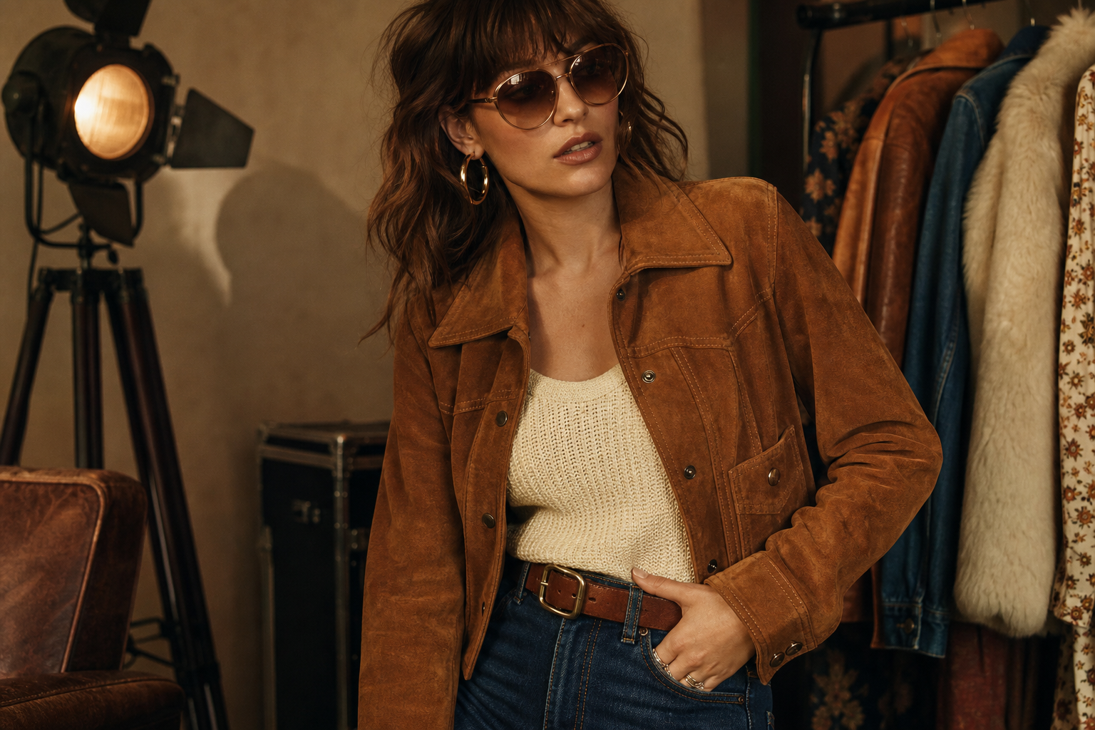 Editorial portrait of a model in a caramel suede jacket and high-waist denim under warm studio lighting