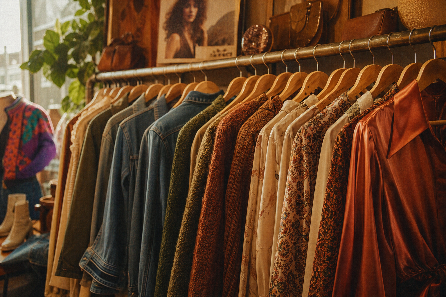Warm film photograph of a curated vintage clothing rack with 70s blouses, 80s denim jackets, and textured knits in earthy tones