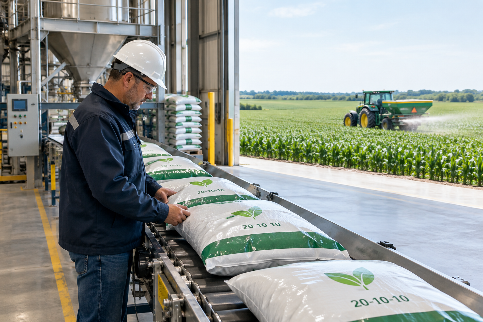 Fertilizer production supervisor reviewing bagged product quality inside a clean U.S. plant while spreaders apply nutrients across a green row-crop field in the background