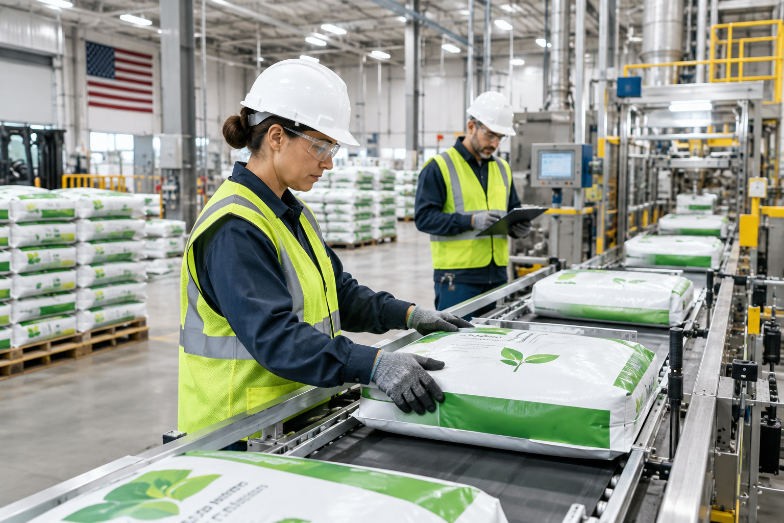 Clean fertilizer manufacturing line with technicians monitoring bagged crop nutrition product handling in a bright US production facility