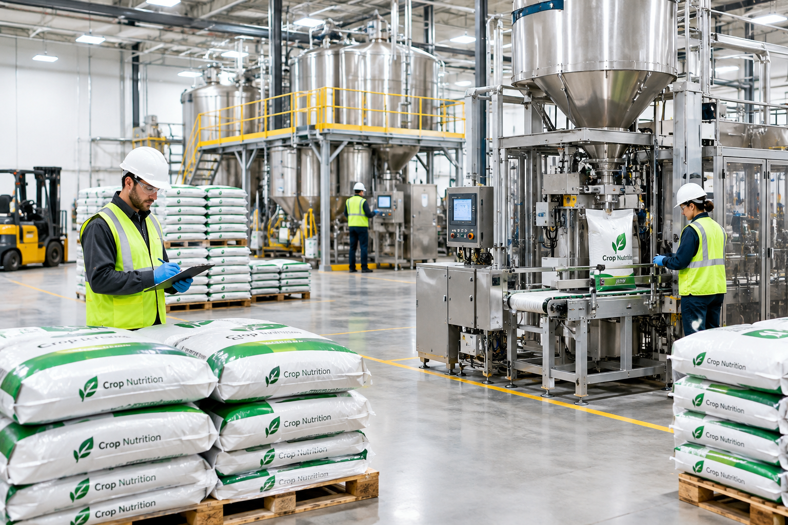 Clean fertilizer production area with organized bagging lines, quality checks, and palletized crop nutrition products ready for shipment