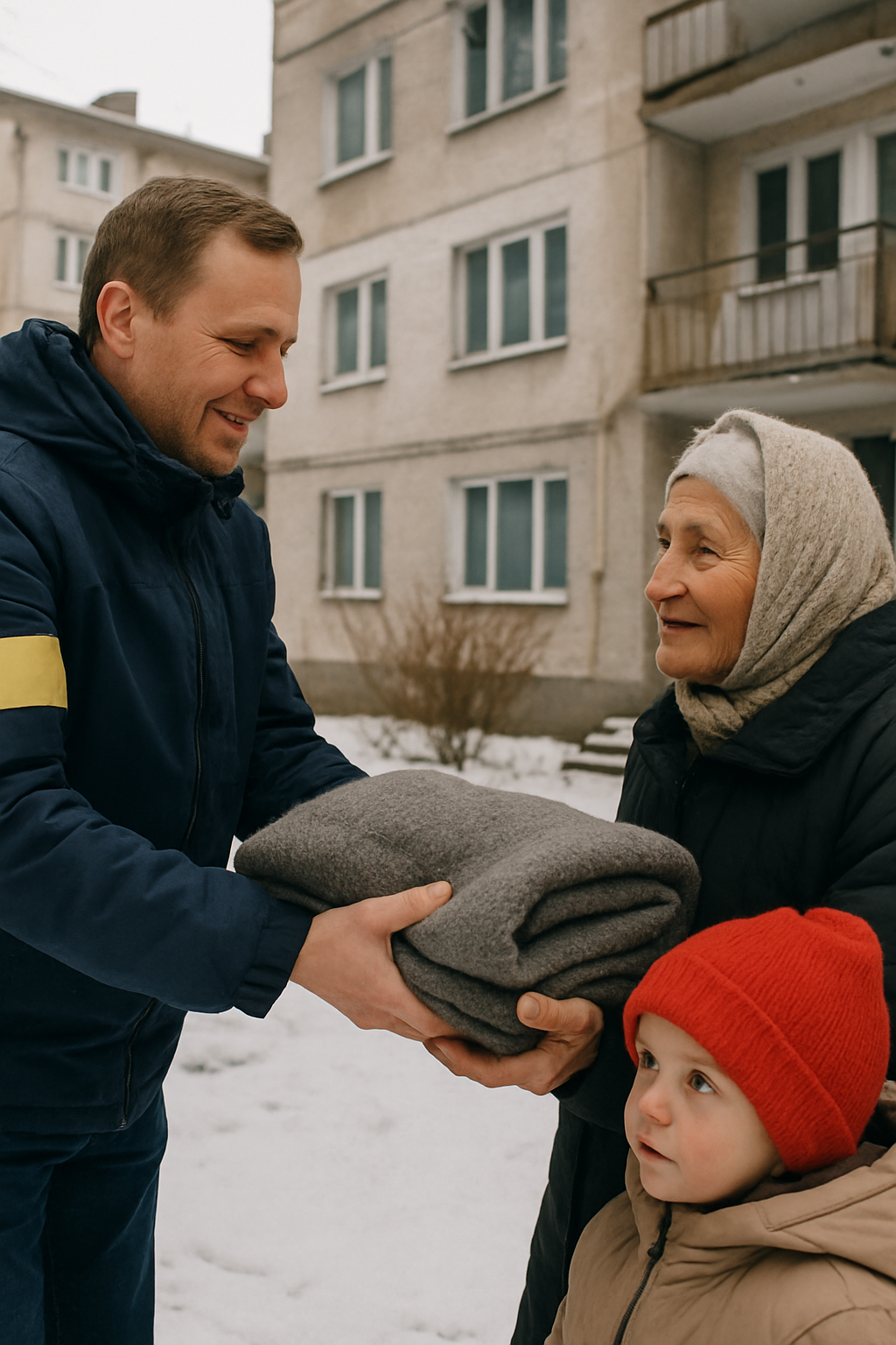 Volunteer handing a warm blanket to a grandmother and child outside a snowy apartment building in Ukraine