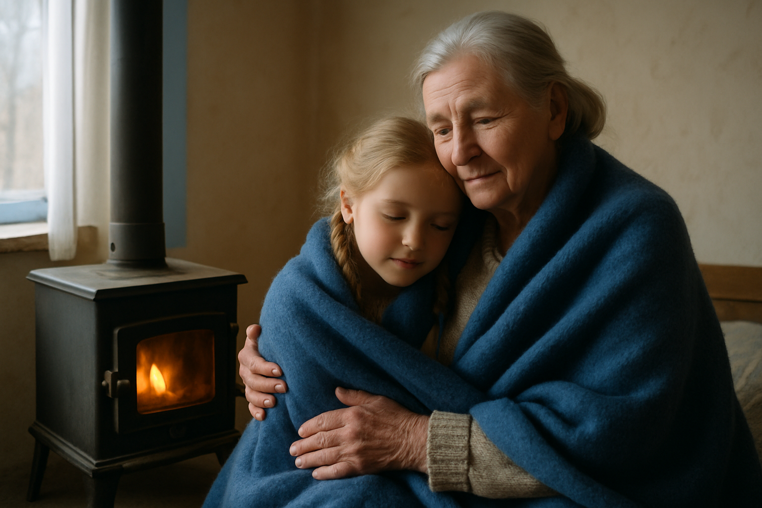 Grandmother and granddaughter wrapped in a new wool blanket beside a small wood stove