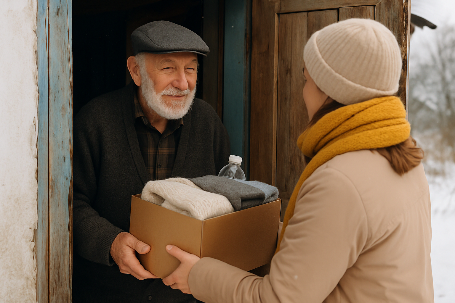 Elderly man receiving a box of winter supplies from a volunteer at his doorway