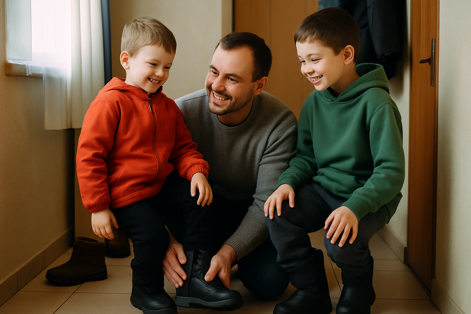 Father and two young sons trying on new winter boots in a modest apartment
